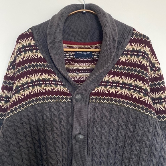 Daniel Hechter Grandpa Cardigan Men L Grey Red Cable Knit FairIsles Shawl Collar - Picture 3 of 15